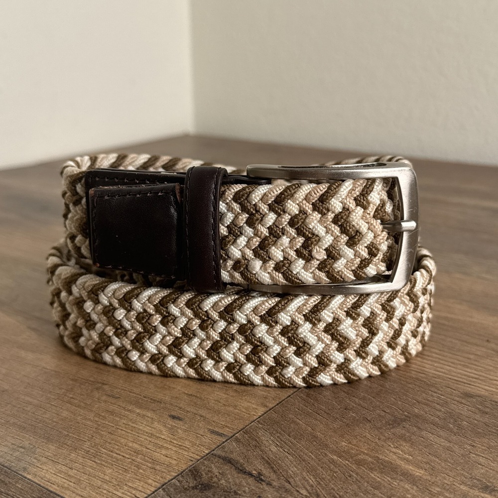 Greg Norman Fishing Braided Woven Web Belt Brown Tan Leather Tab Mens‎ Size 40